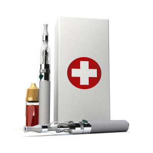 3D rendering of a pair of e-cigarettes with a box with a red cro