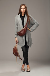 Elegant Model In Gray Woven Cardigan With Two Leather Fanny Pack
